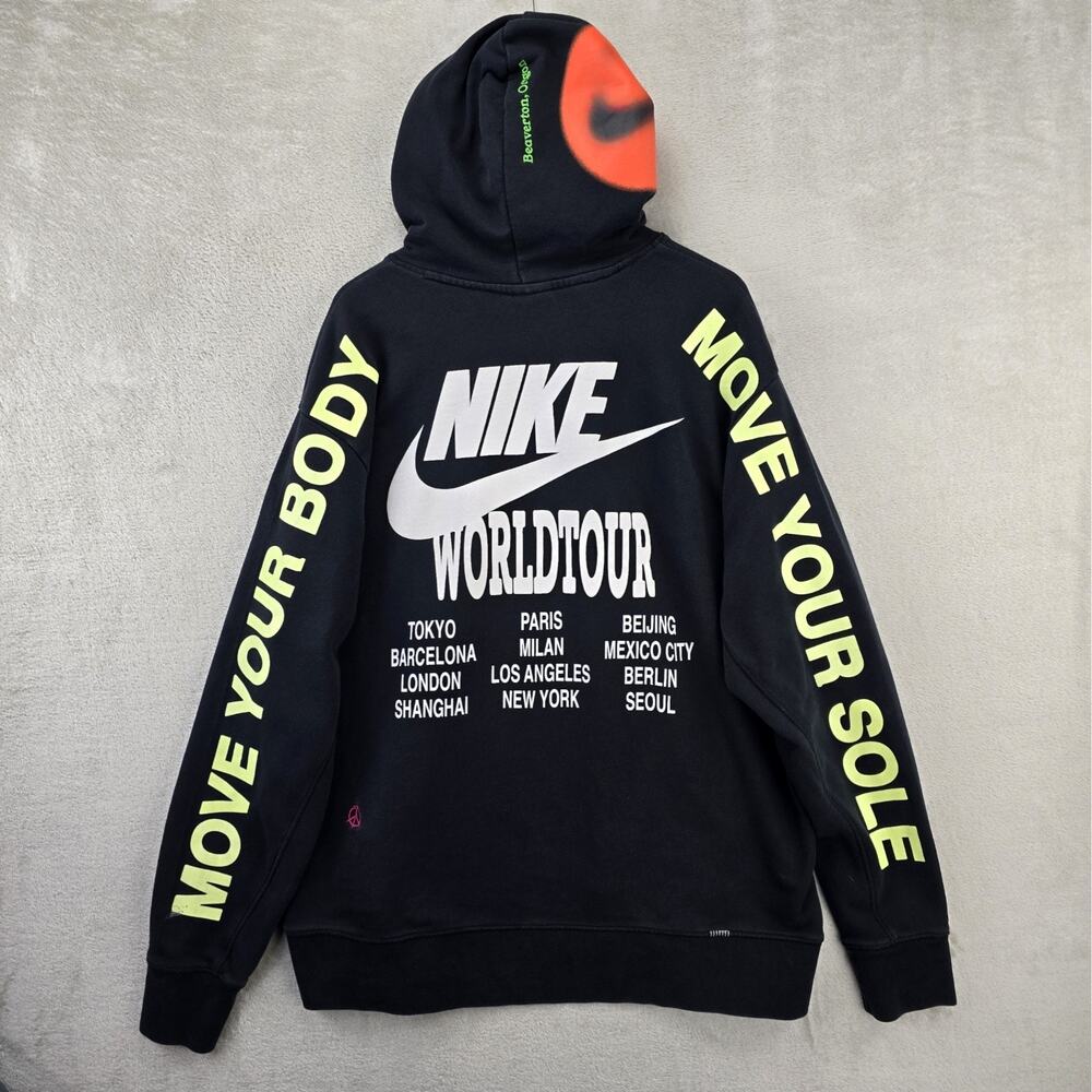 Nike World Tour Graffiti Print Hoodie Mens XL Black French Terry Sweatshirt